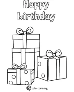 Happy Birthday coloring page with stacked gift boxes and bows, perfect for kids and birthday celebrations.