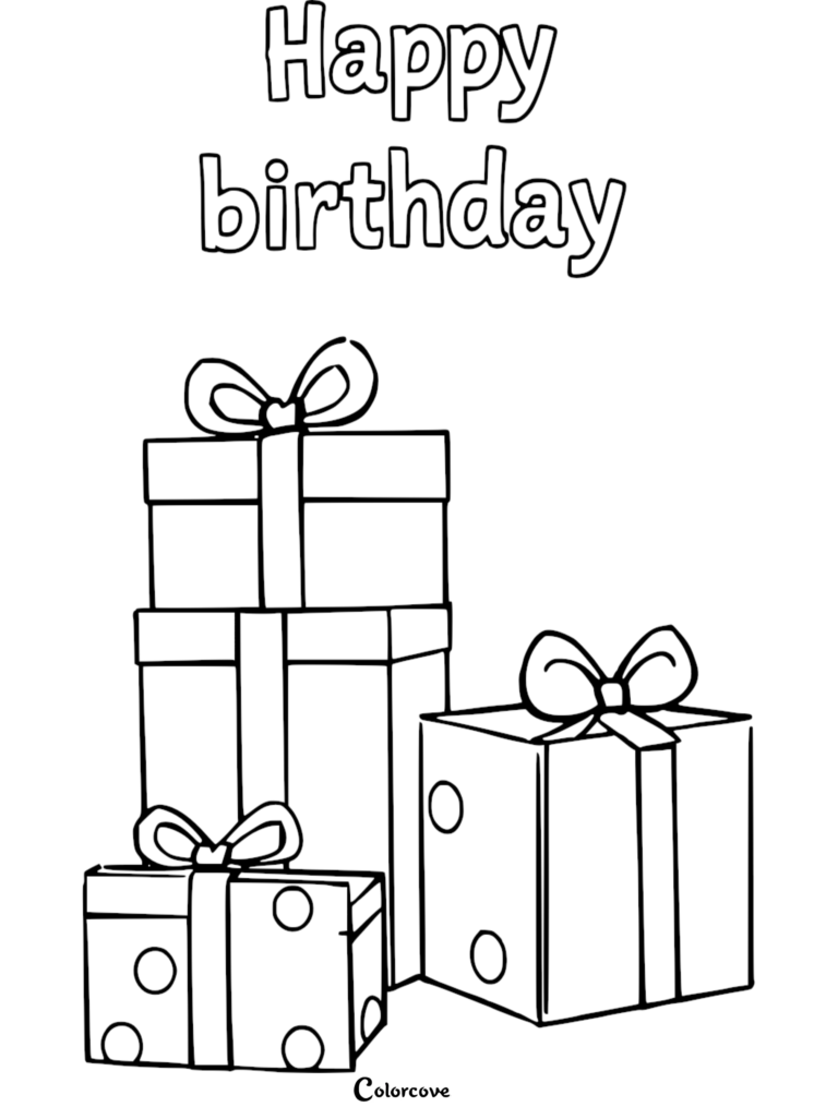 A Happy Birthday coloring page featuring a stack of three gift boxes with bows and polka dots.