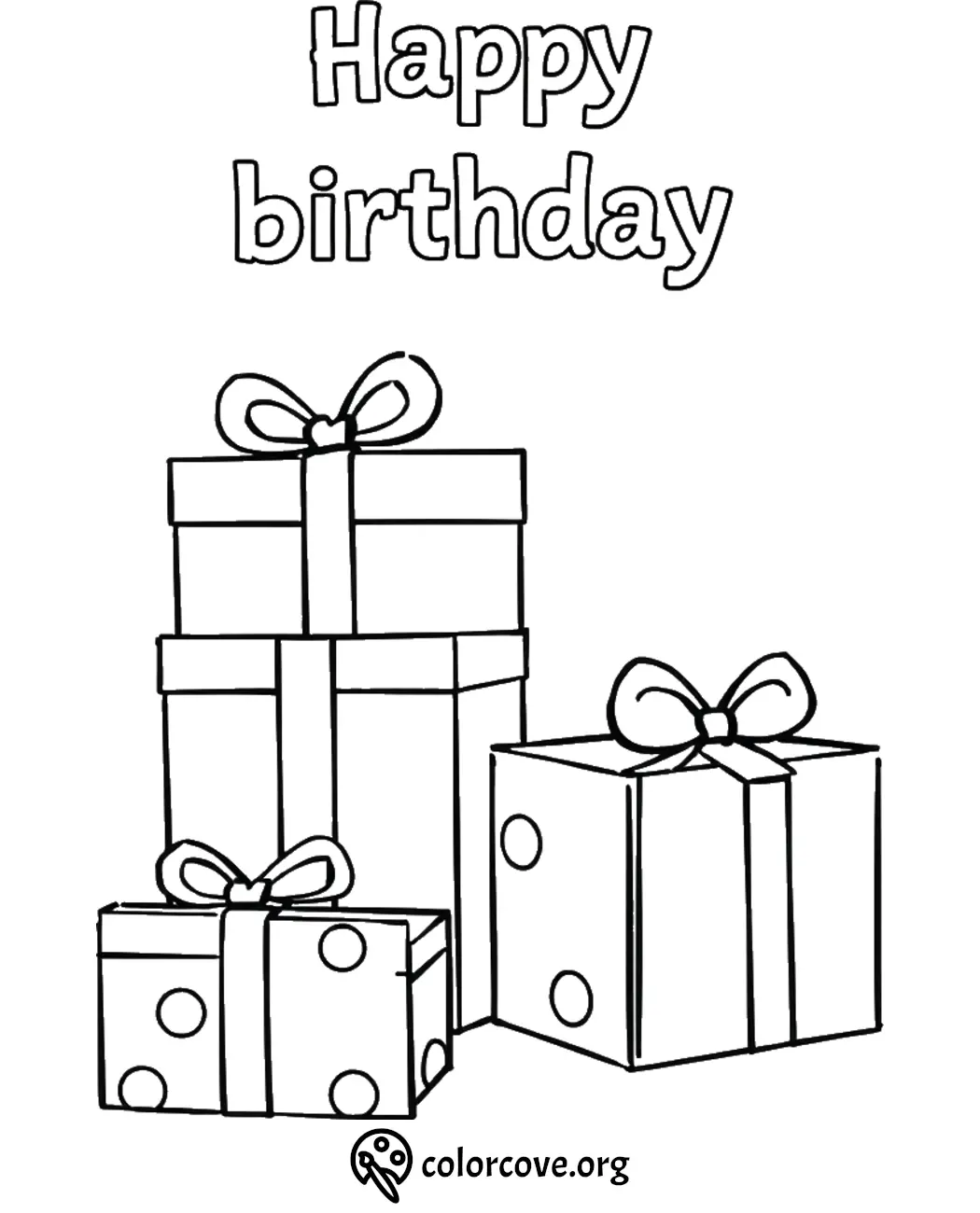 Happy Birthday coloring page with stacked gift boxes and bows, perfect for kids and birthday celebrations.