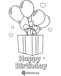 Coloring page with Happy Birthday text, balloons, and gift box for kids and adults to color and celebrate.