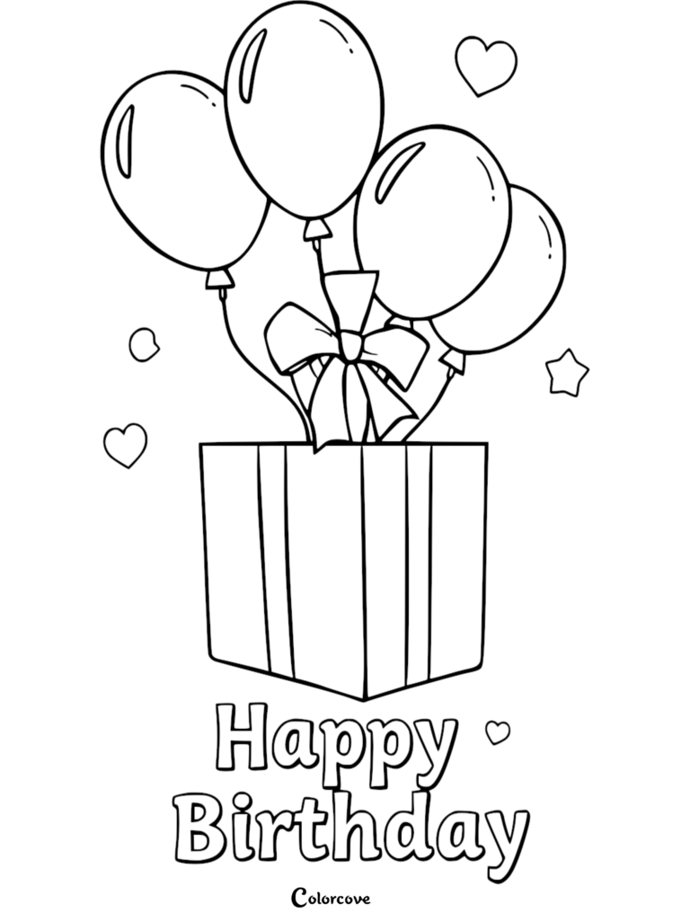 Birthday coloring page featuring a gift box tied with a large bow and four balloons floating above, surrounded by hearts and stars.