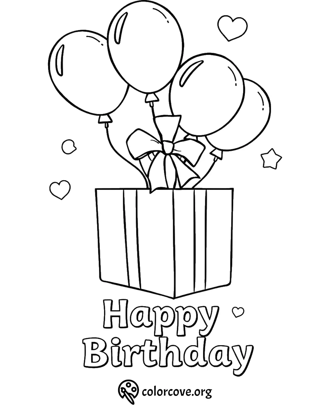 Coloring page with Happy Birthday text, balloons, and gift box for kids and adults to color and celebrate.