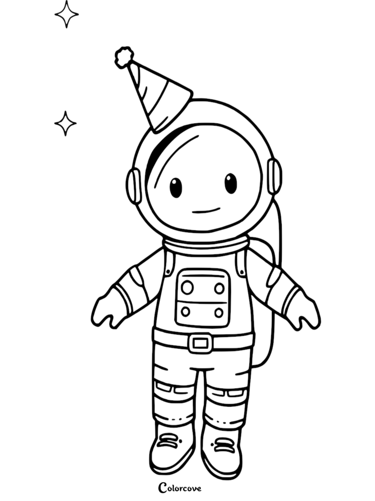 A cute astronaut wearing a party hat in space, featured on a printable birthday coloring page.