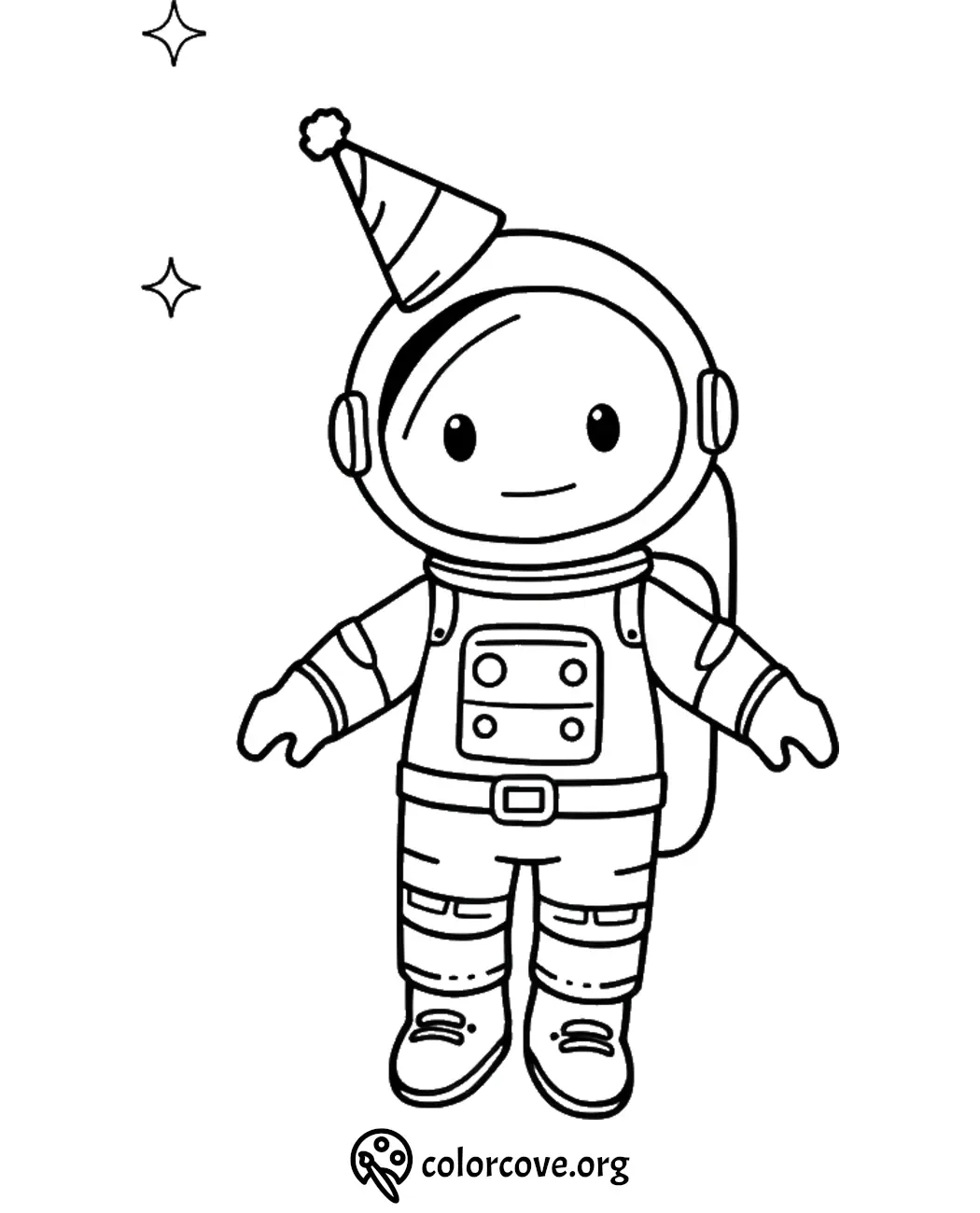 Cute astronaut in party hat coloring page with stars, ideal for kids' creative activities.