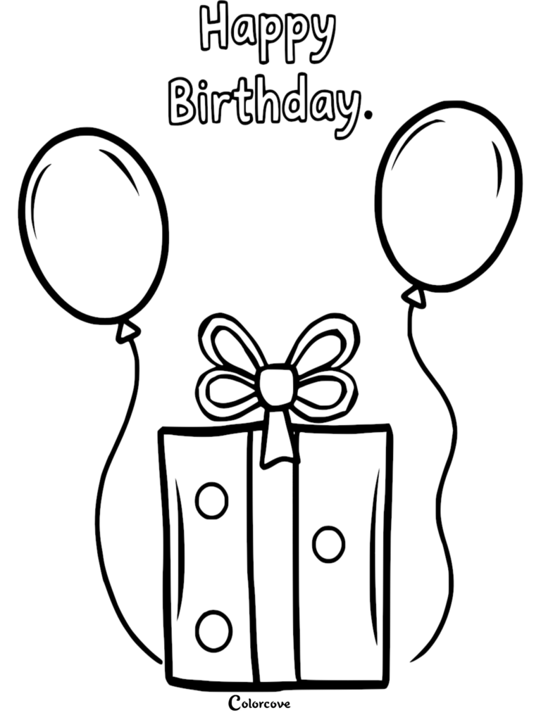 A Happy Birthday coloring page featuring a polka dot gift box with a large bow flanked by two floating balloons.