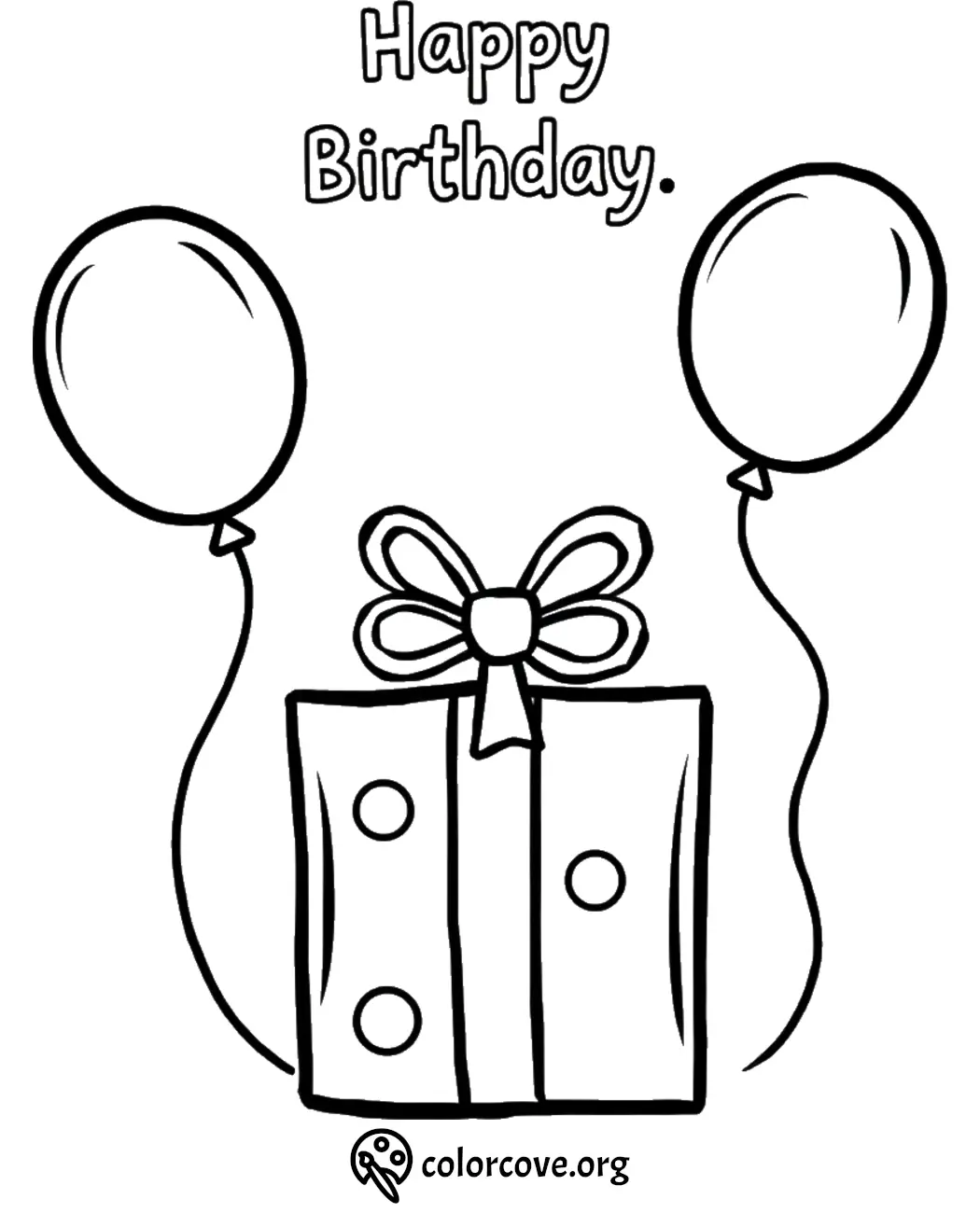 Happy birthday coloring page with gift box and balloons for kids, free printable activity.