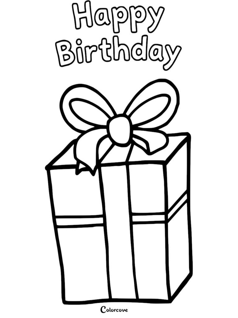 A printable Happy Birthday coloring page featuring a wrapped gift box with a large decorative bow.