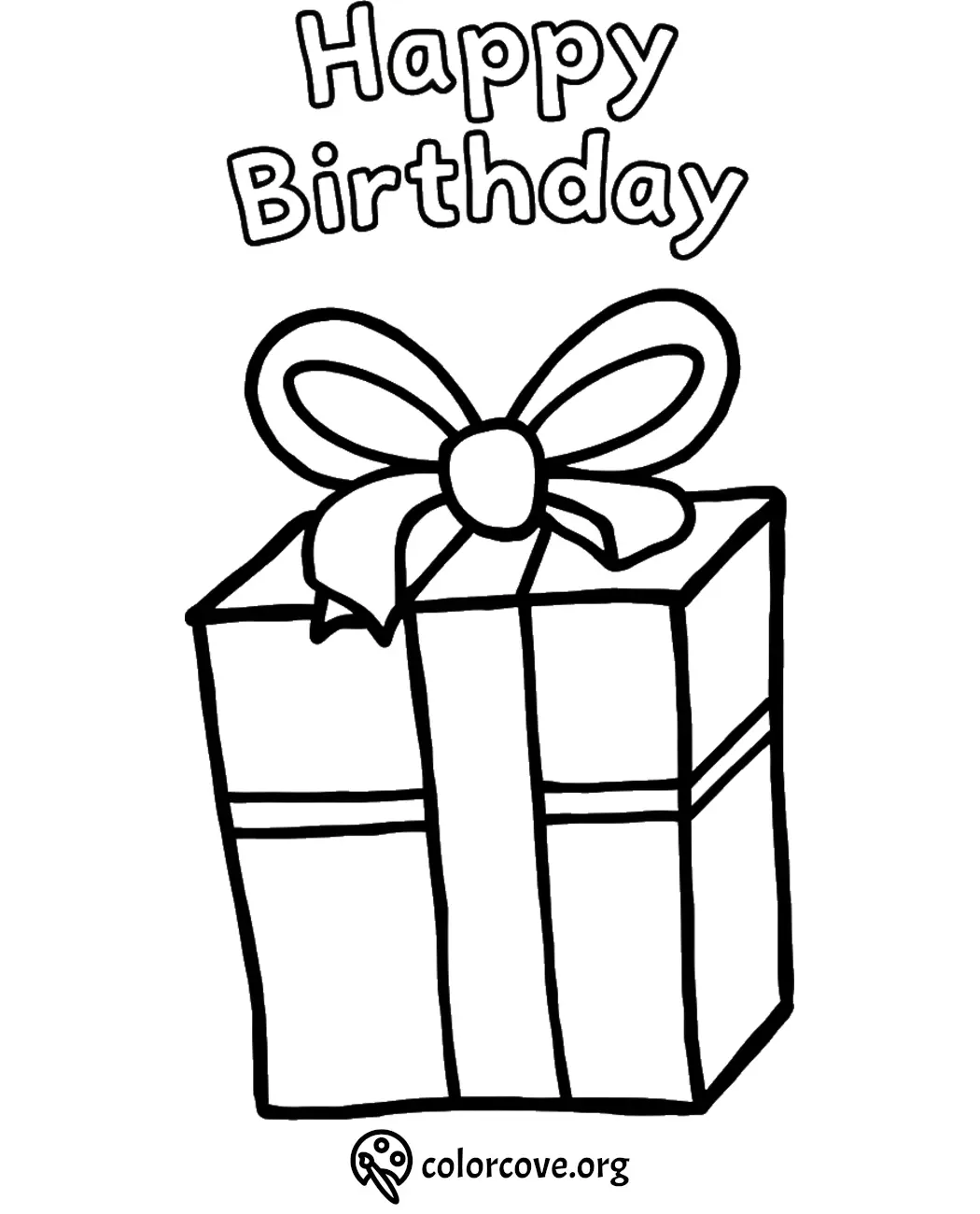 Happy birthday gift coloring page with large bow, perfect for kids' creative fun.