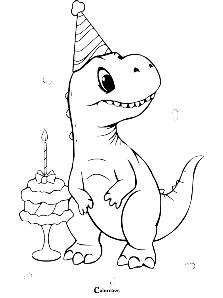 A cute T-Rex wearing a striped party hat standing next to a birthday cake with a single lit candle on a coloring page.
