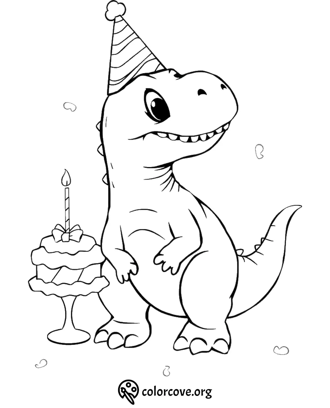 Cute dinosaur in a party hat with birthday cake coloring page. Perfect for kids' fun activities and creativity.