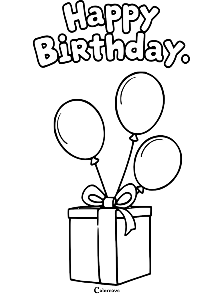 A printable Happy Birthday coloring page featuring a wrapped gift box tied with a bow and three floating balloons.