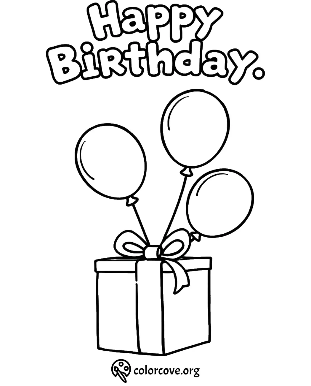 Happy Birthday coloring page with balloons and gift box for kids' creative fun.