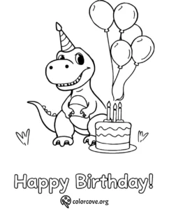 Dinosaur birthday coloring page with cake, balloons, and party hat. Perfect for kids' celebrations and fun activities.