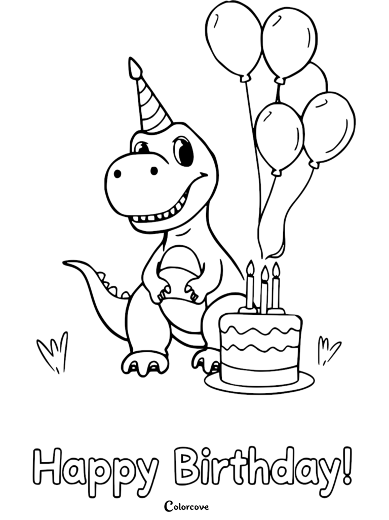 A cute dinosaur wearing a party hat next to a birthday cake with three candles and four balloons in this printable coloring page.