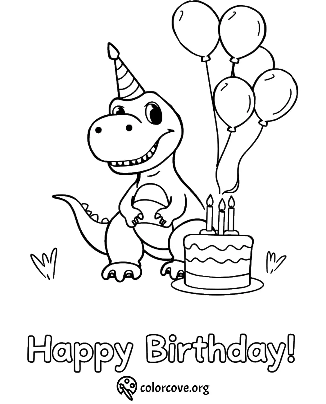 Dinosaur birthday coloring page with cake, balloons, and party hat. Perfect for kids' celebrations and fun activities.