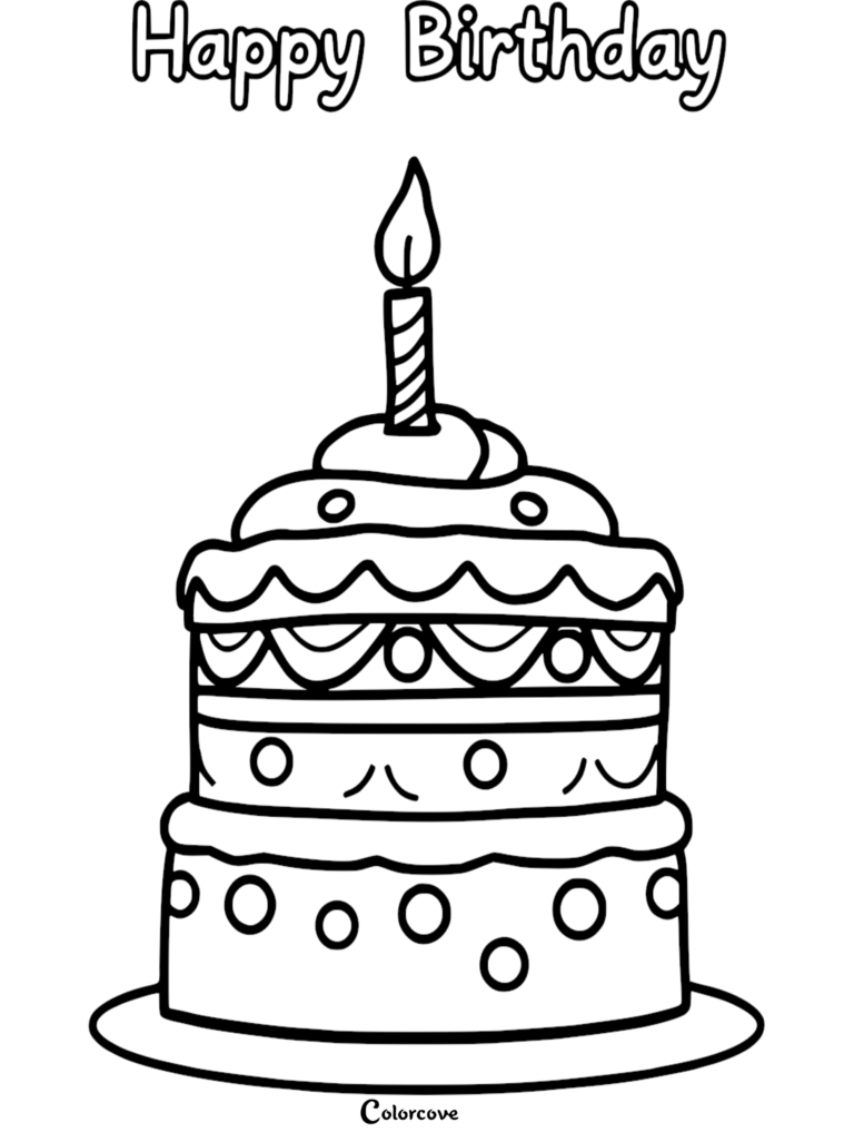 A two-tiered birthday cake with polka dots and a single lit candle, featured on a free printable coloring page.