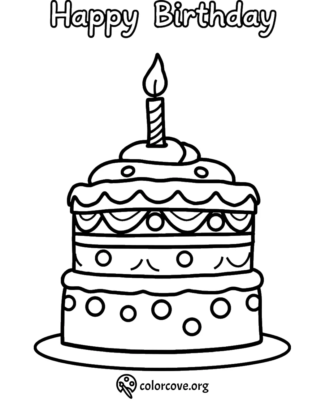 Happy birthday cake coloring page with a candle, perfect for kids' creativity and celebration fun.