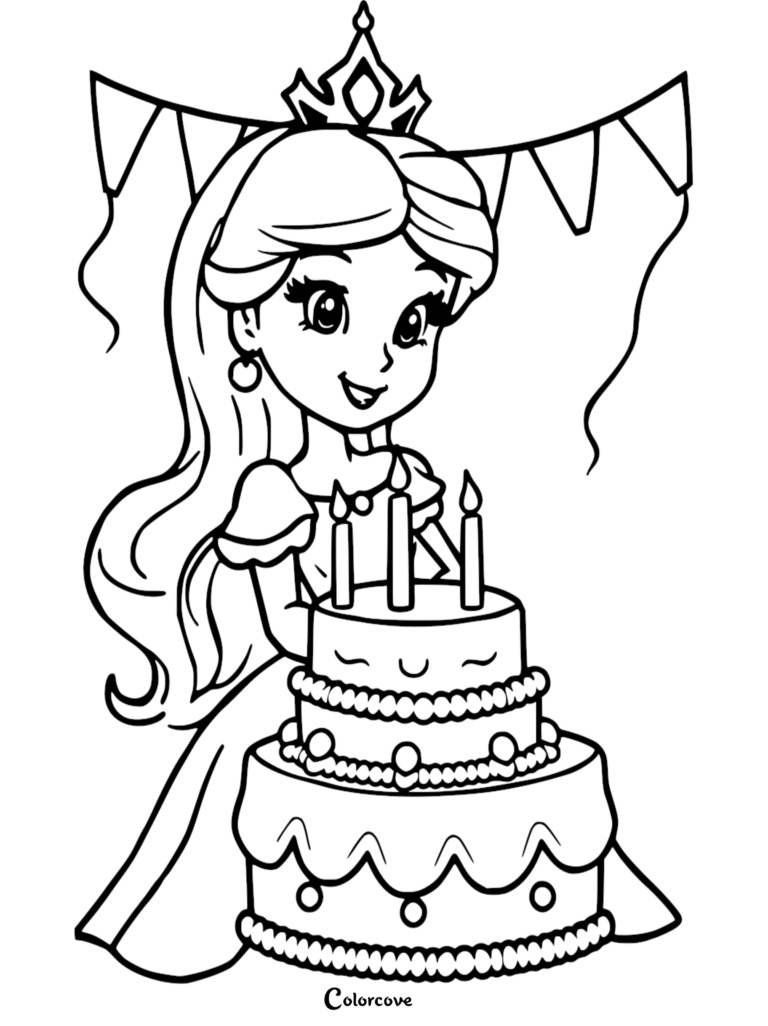 A princess wearing a crown standing behind a two-tiered birthday cake with three candles, featured on a printable coloring page.