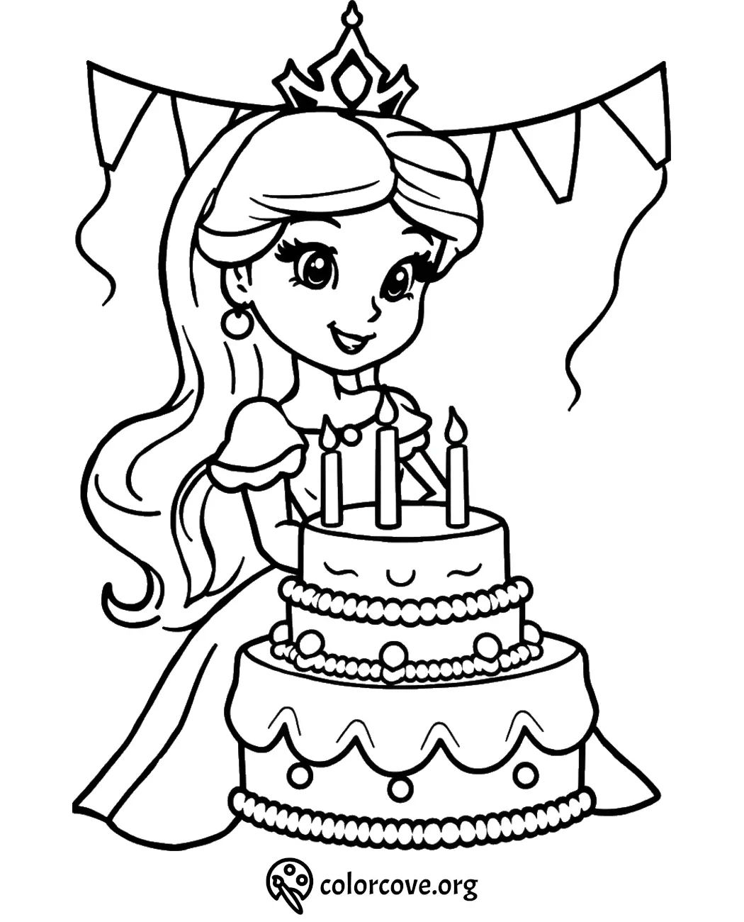 Princess with birthday cake coloring page; girl wearing crown, three-tier cake, and bunting decoration.