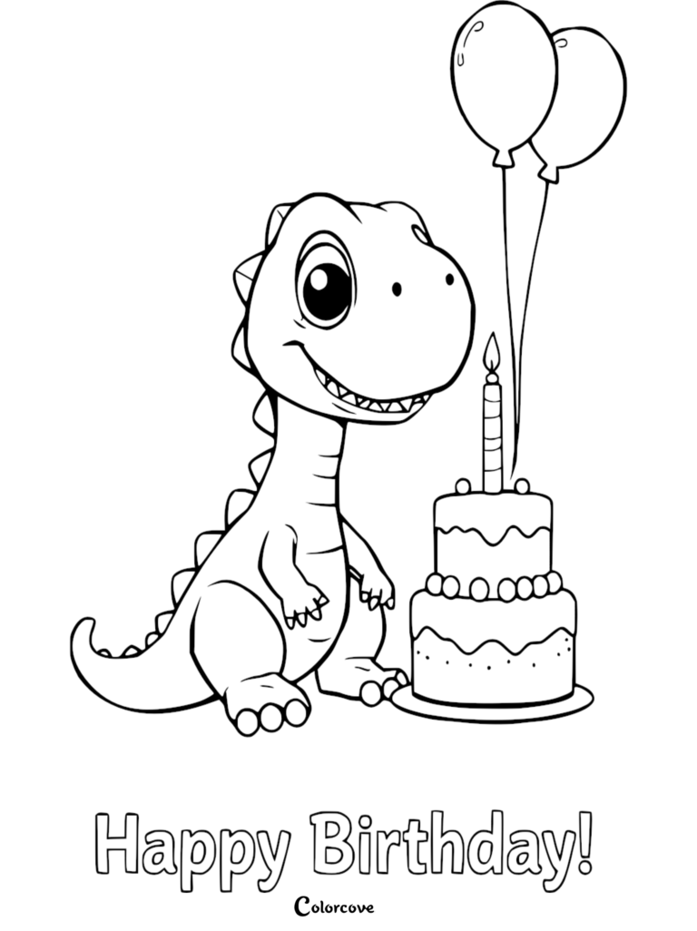 A cute cartoon dinosaur standing next to a two-tier birthday cake with a single candle and two balloons in this printable coloring page.