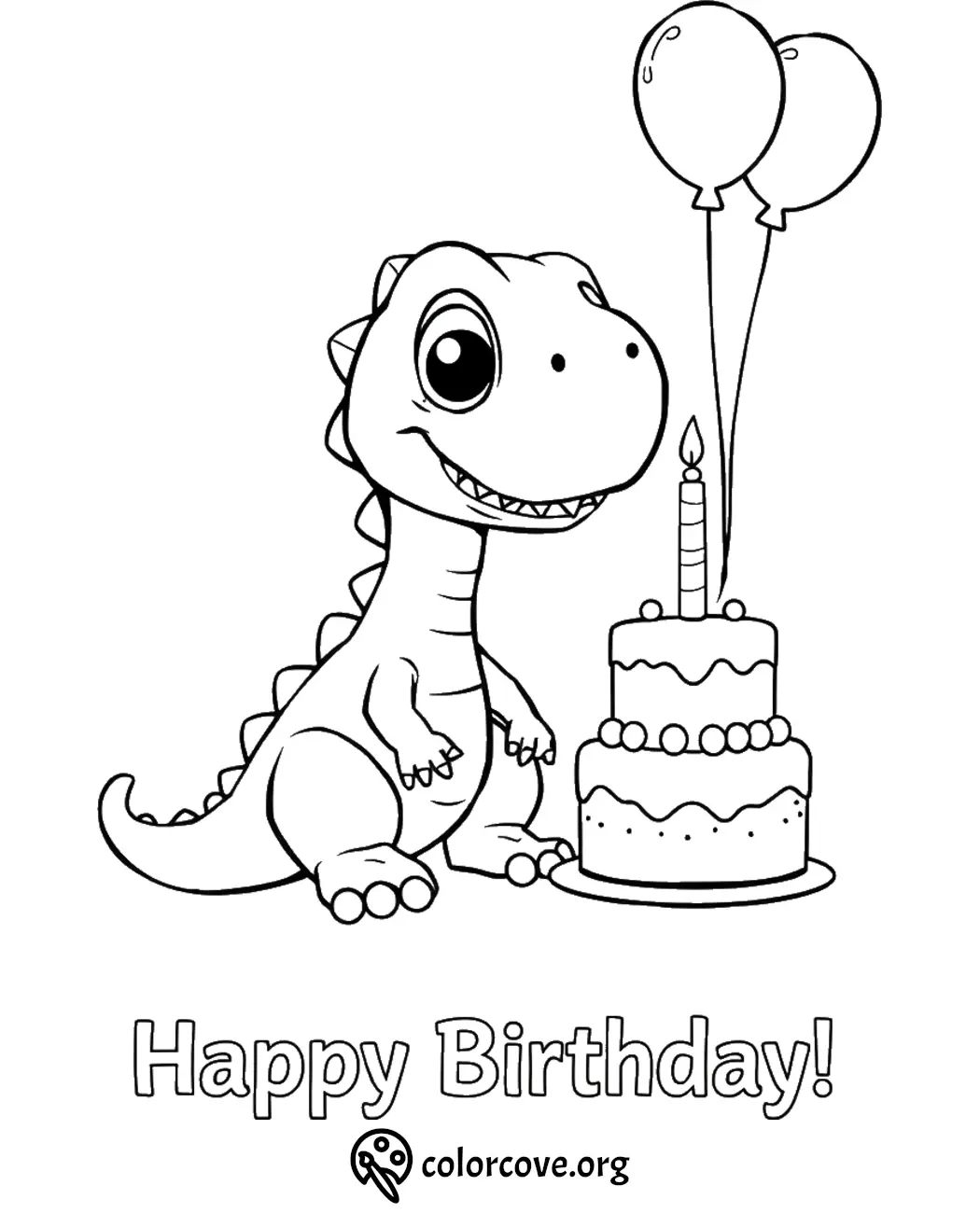 Dinosaur birthday coloring page with cake and balloons, perfect for kids' celebrations and creative fun.