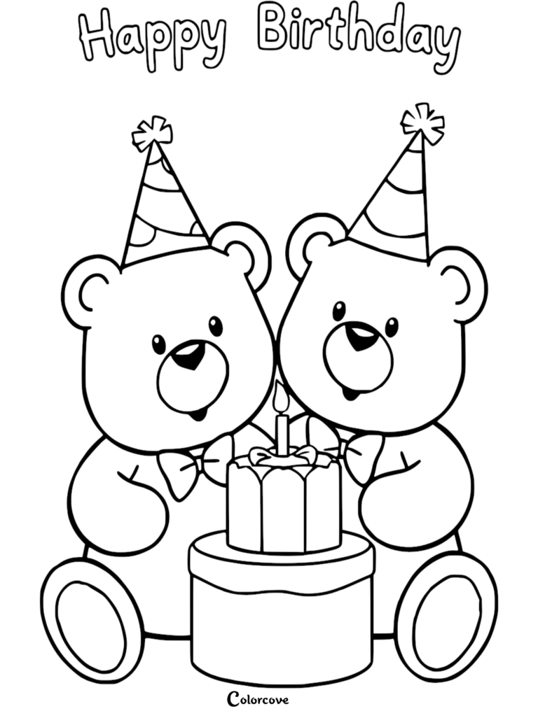 Two teddy bears wearing party hats and bow ties sitting by a birthday cake coloring page