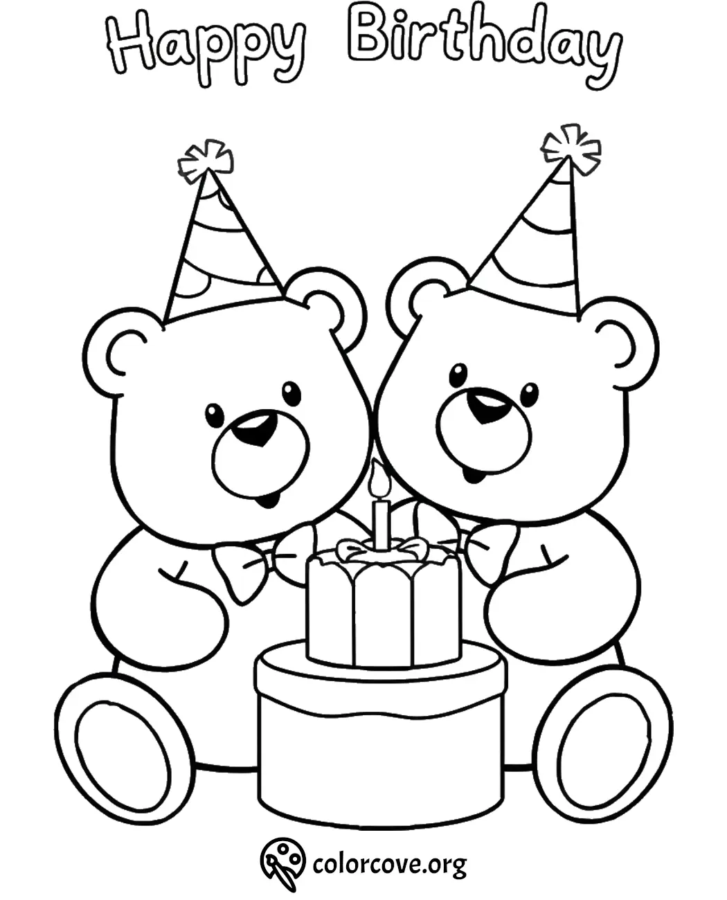 Two teddy bears in party hats with a birthday cake coloring page. Perfect for kids' birthday activities.