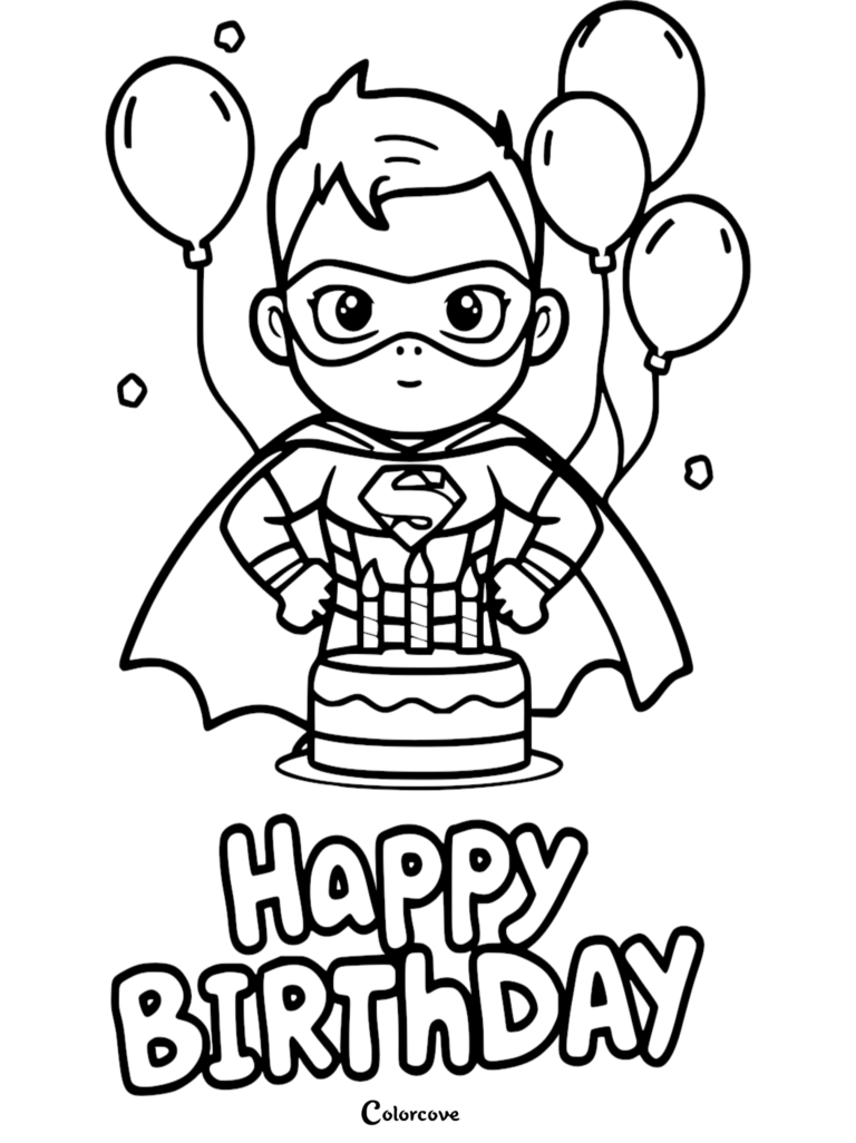A cute chibi Superman wearing a cape standing behind a birthday cake with candles and balloons in this printable coloring page.