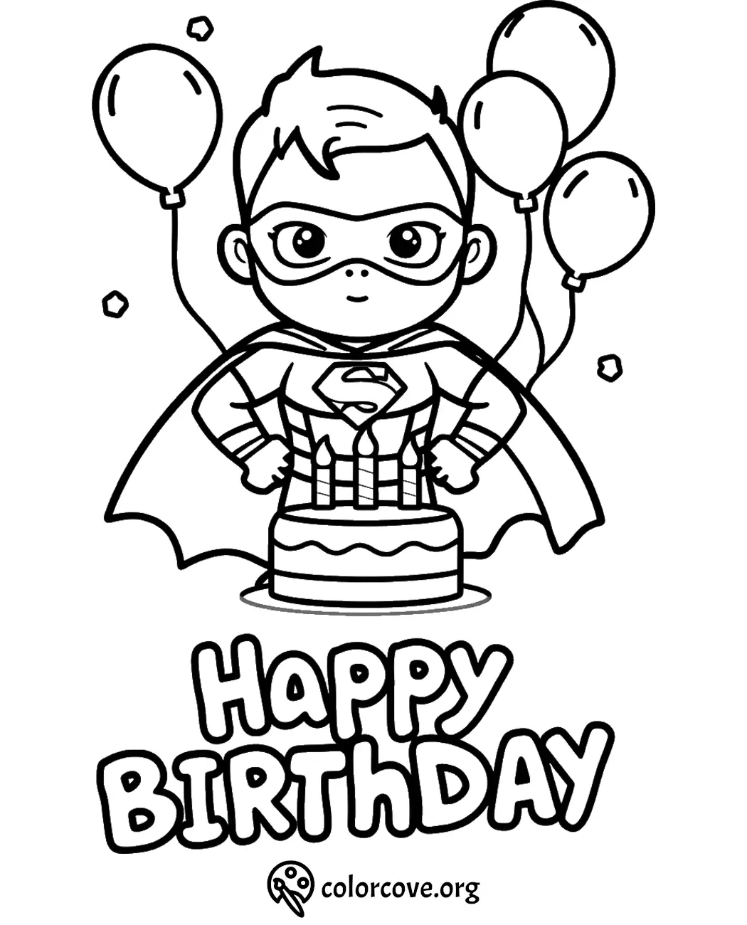 Superhero birthday coloring page with cape, balloons, and cake. Perfect for kids' birthday celebrations and activities.