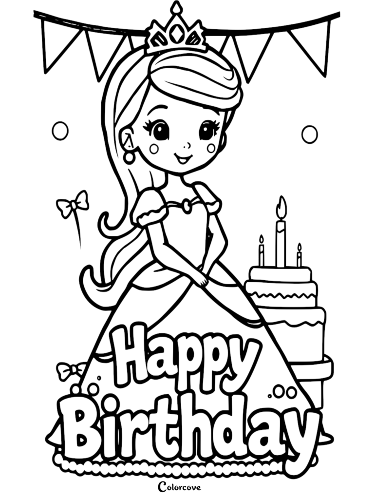 A princess wearing a crown stands next to a three-tiered birthday cake with candles in this printable birthday coloring page.