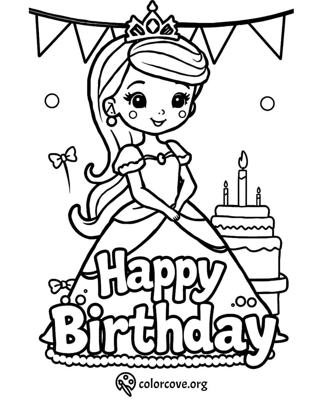 Princess birthday coloring page with cake and banner, perfect for kids' fun and creativity.