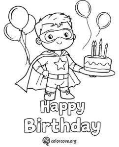 Superhero-themed birthday coloring page with cake and balloons.
