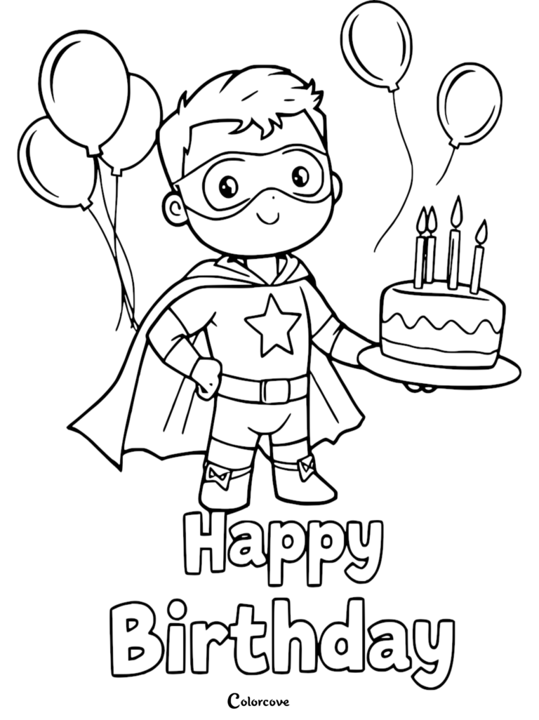 A cute superhero boy holding a birthday cake with candles and balloons in this printable coloring page.