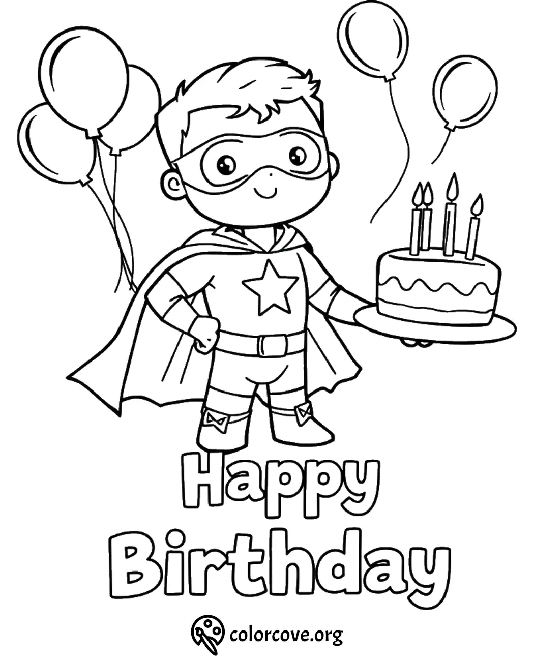 Superhero-themed birthday coloring page with cake and balloons.