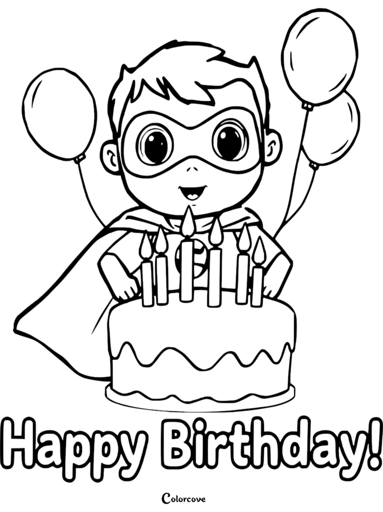 A superhero boy wearing a mask and cape standing behind a birthday cake with candles and balloons in this printable coloring page.