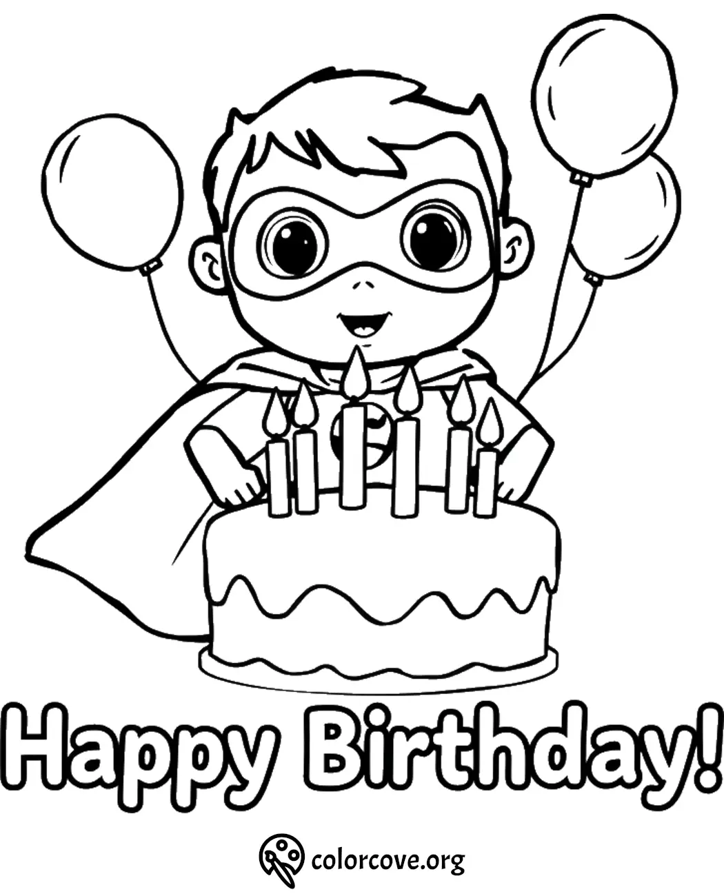 Superhero kid with birthday cake and balloons coloring page.