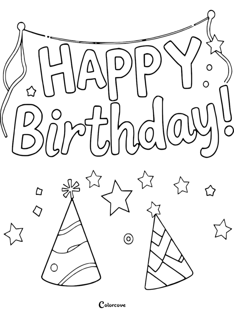 Happy Birthday banner with party hats and stars coloring page