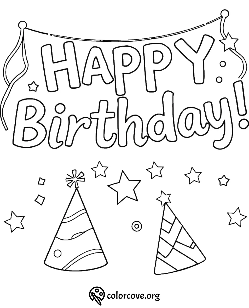 Happy Birthday coloring page with party hats and stars for kids to color and celebrate special occasions.