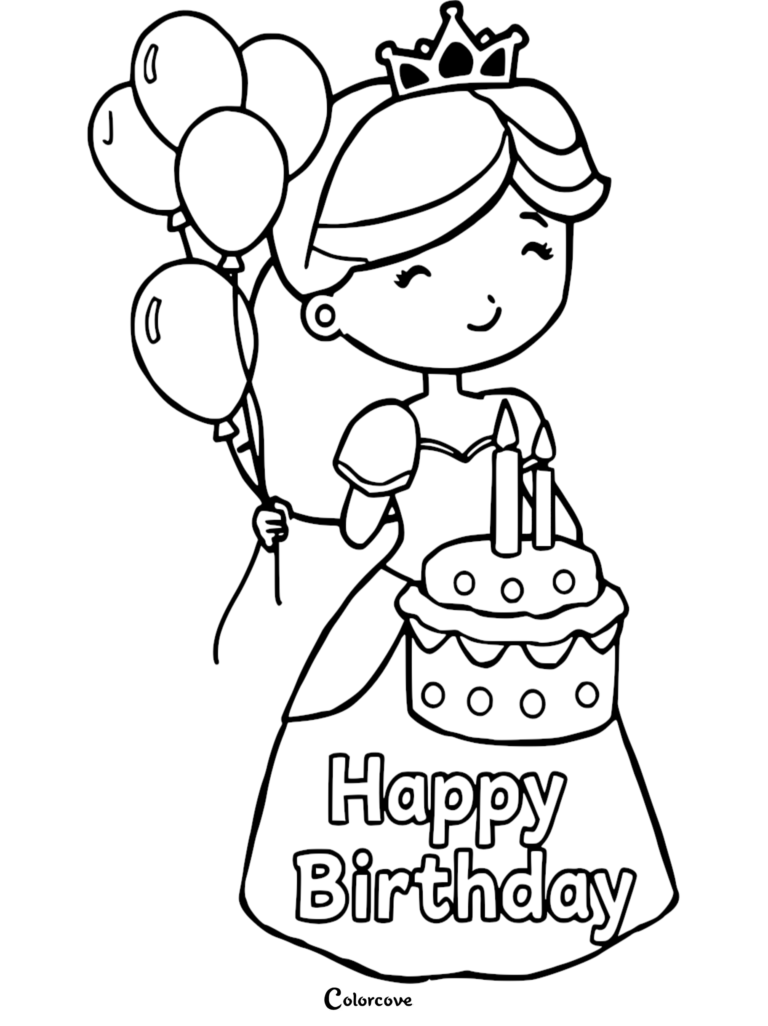 A cute princess holding a bunch of balloons and a birthday cake with candles on a printable coloring page.