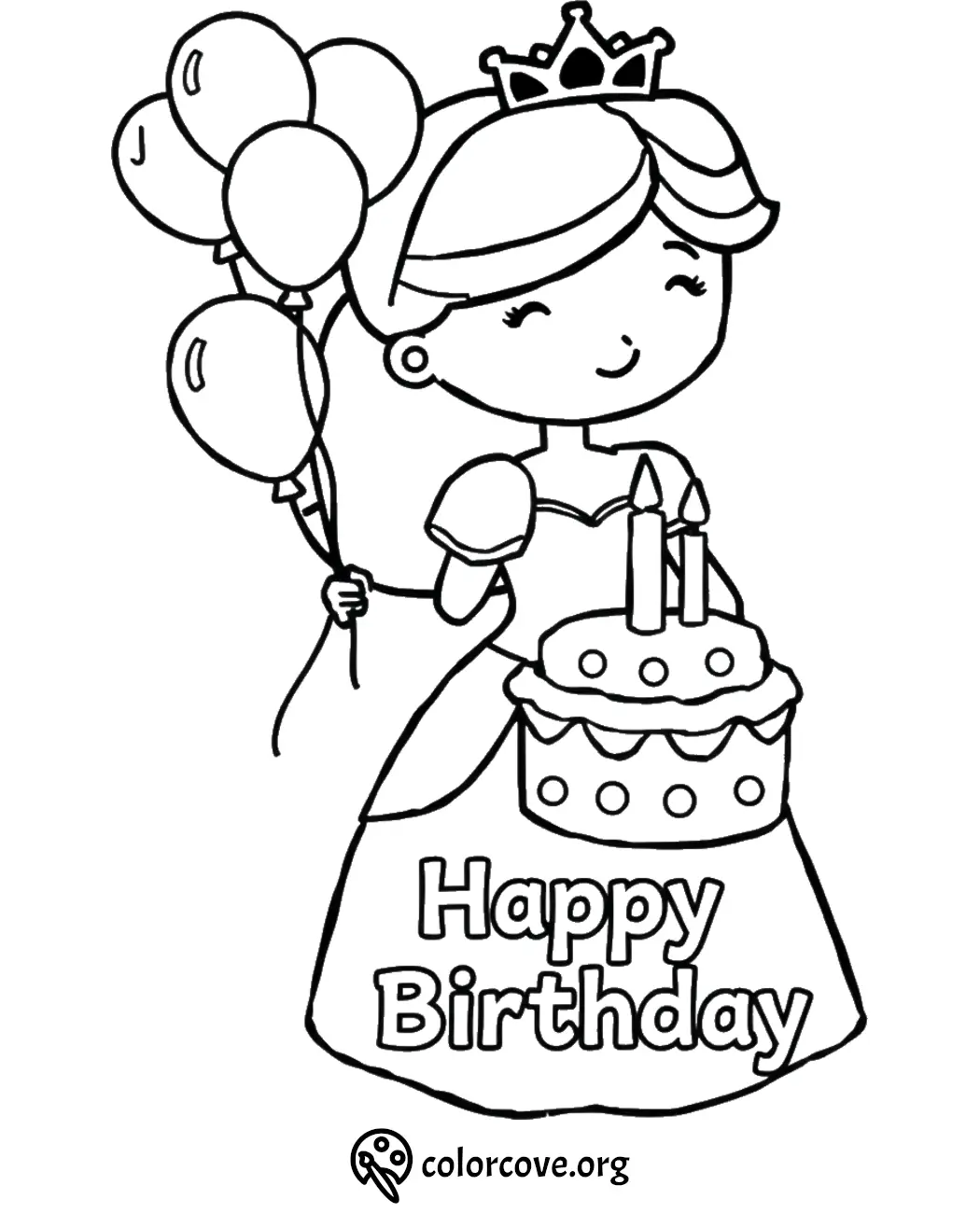 Princess with balloons and birthday cake coloring page for kids, featuring Happy Birthday text.