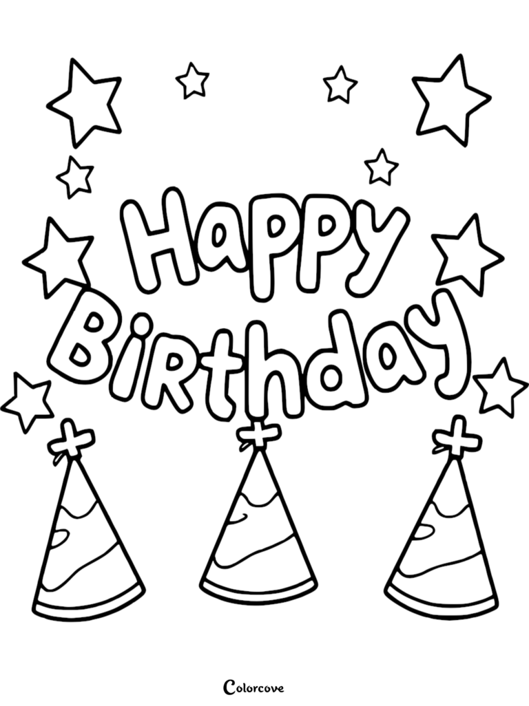 Happy Birthday coloring page featuring bubble letters, party hats, and stars.
