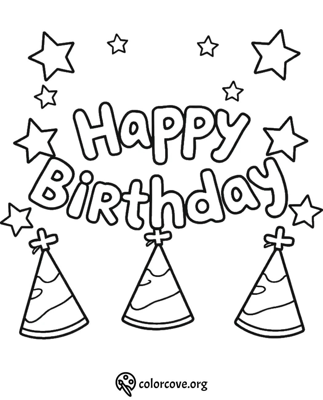 Happy Birthday coloring page with stars and party hats, perfect for kids' printable activities and celebrations.