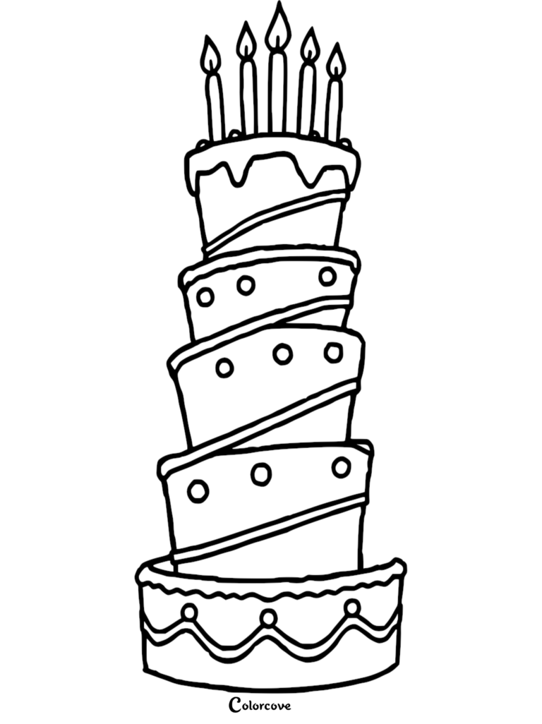A tall, multi-tiered birthday cake with five lit candles as a printable coloring page.