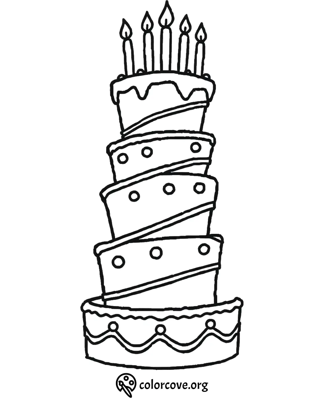 Coloring page of a tall, whimsical birthday cake with seven candles, ideal for creative kids and party themes.