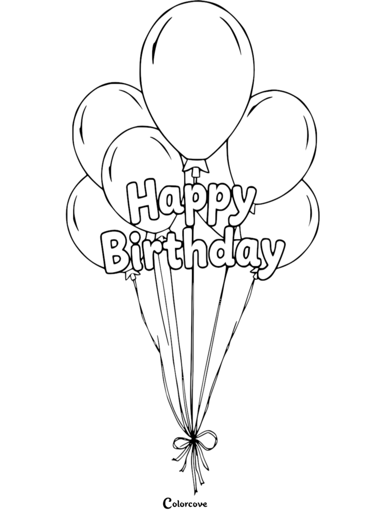 A printable Happy Birthday coloring page featuring a bunch of tied balloons with the text Happy Birthday written across them.