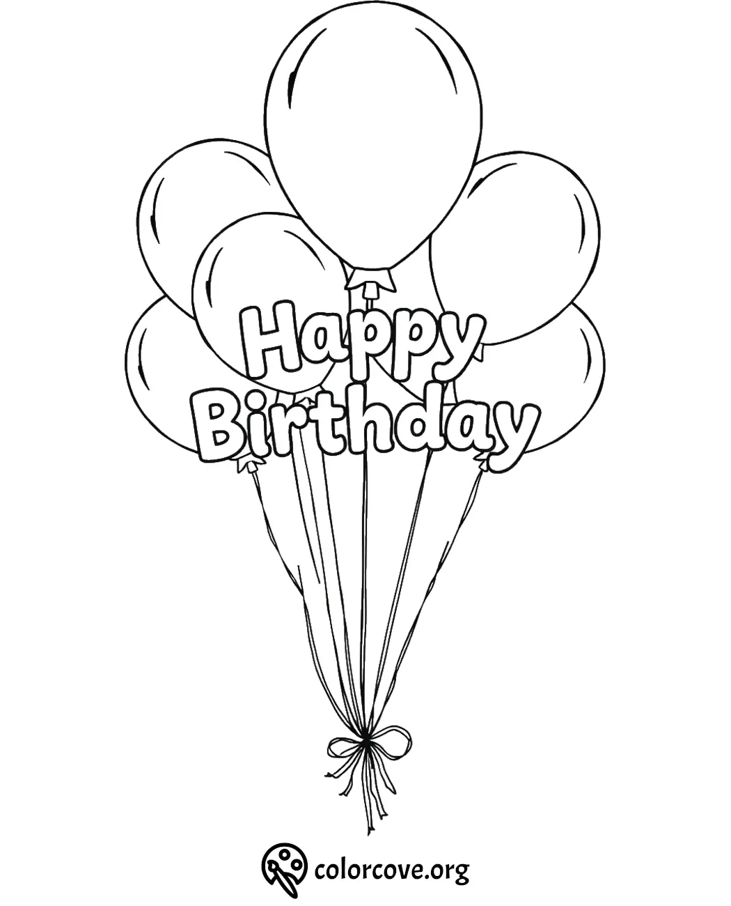 Happy Birthday coloring page with balloons, perfect for kids' printable activity.