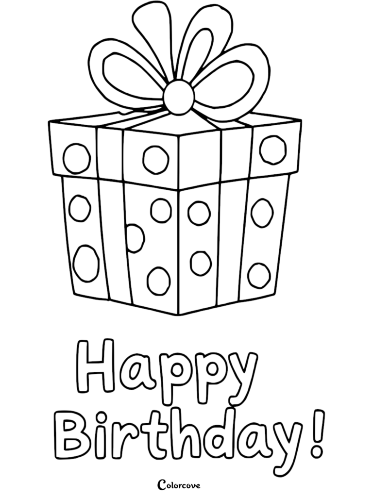 A polka-dot birthday gift box with a large bow, featured on a free printable birthday coloring page.