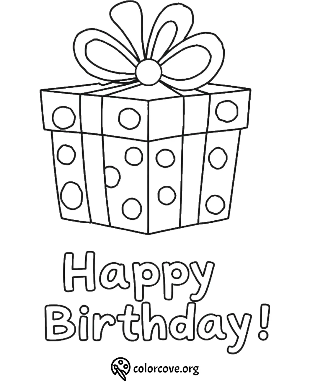 Birthday present coloring page with a large bow and the text Happy Birthday! Perfect for kids to color and enjoy.