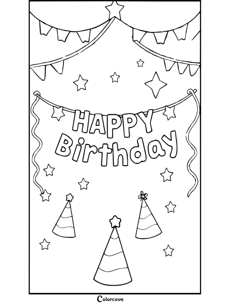 A festive Happy Birthday coloring page featuring bunting banners, party hats, and scattered stars.