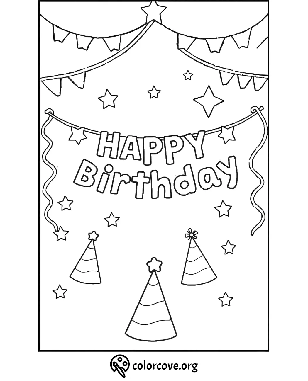 Birthday coloring page with stars, banners, hats, and 'Happy Birthday' text. Perfect for kids' creative fun.